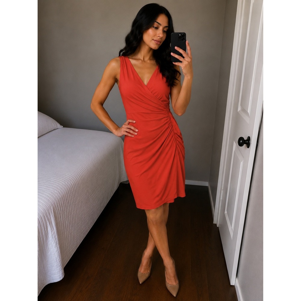 NWT Lauren Ralph Lauren Women 12 Bold Tesoro Orange Sleeveless V-Neck Midi Dress